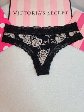 Retired Victoria's Secret Silky Satin Lace Trim Classic Cut Thong Panty Size Sm